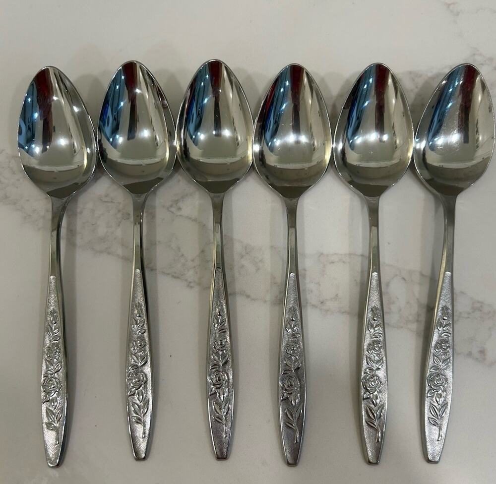 Eldan ELD18 Set Of 6 Dinner Spoons MAY ROSE Textured Roses Stainless Vintage MCM